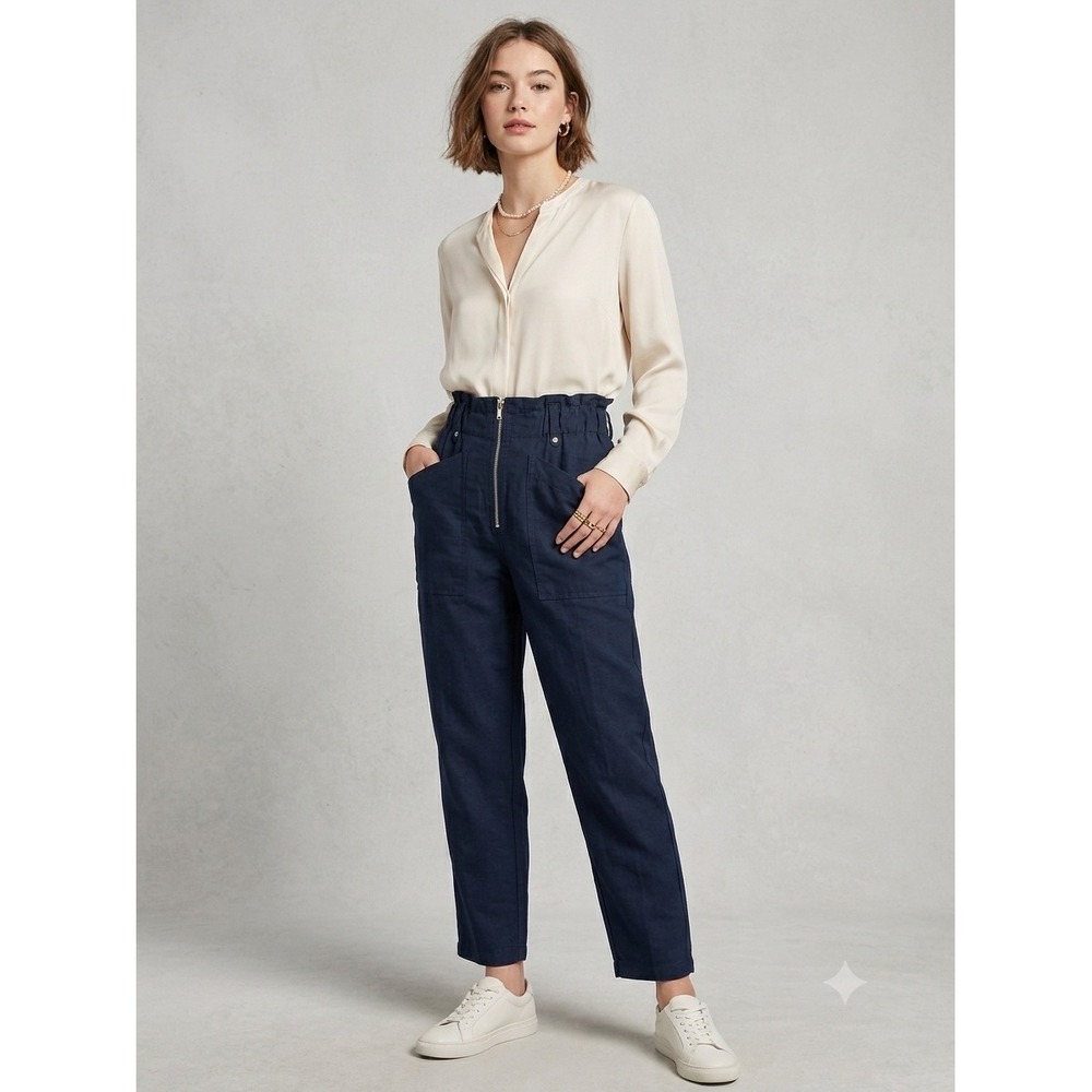 Banana Republic Petite Navy Blue Paperbag Pant High Rise Cotton Linen 6P 862597